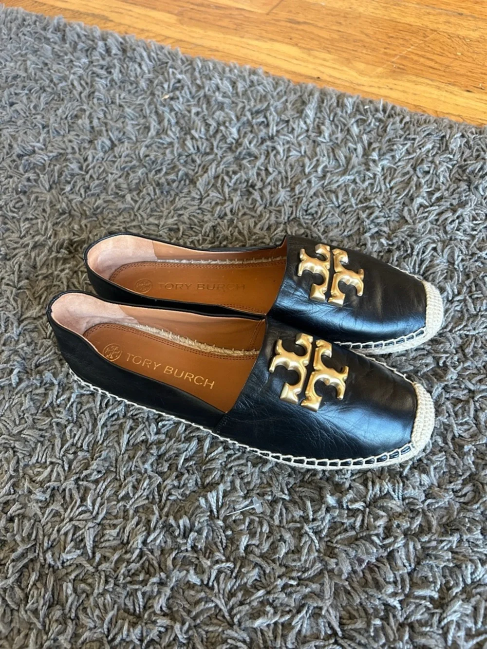 Tory Burch ELEANOR ESPADRILLE Black Leather Espadrille Flats with Gold Logo